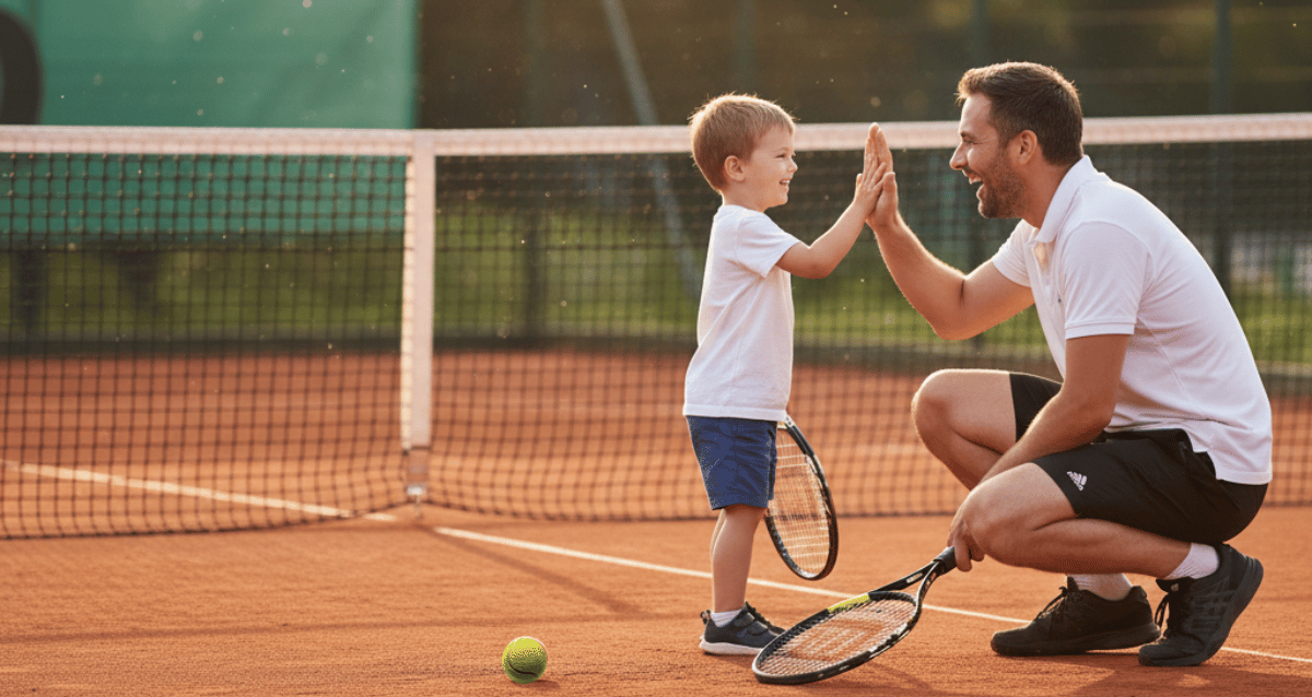 Kind spielt Tennis mit Eltern zuhause – Ball rollen als einfacher Einstieg ins Kinder Tennis für 3–6 Jahre